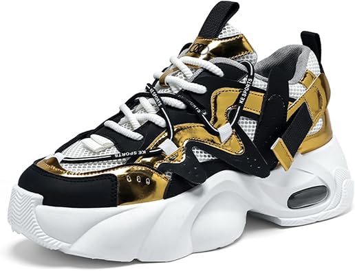 Mens Chunky Platform Sneakers Breathable Mesh Lace-Up Walking Shoes Color-Block PU Casual Shoes