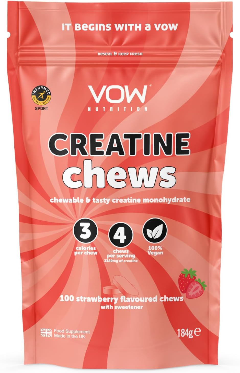 Creatine Chews,100 Strawberry Flavoured Chews, Creatine Monohydrate, Convenient & Tasty Chewable Creatine Informed Sports Approved (Strawberry)