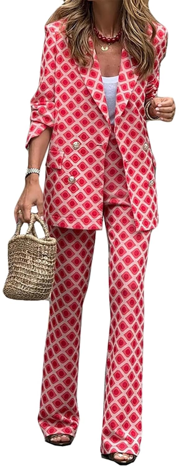 Womens Sexy 2 PCS Printed Double-Breasted Blazer Jackets Bodycon Pants Cocktail Party Outfits Tracksuit Sweatsuit Set