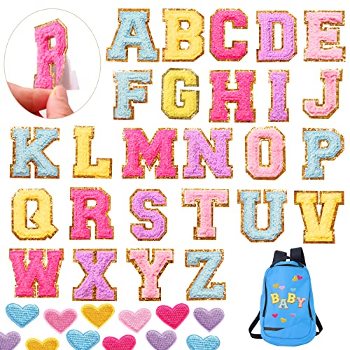 46 Pcs Self Adhesive Chenille Letters Patches Heart Chenille Patches Preppy Cute Colorful Sew Iron on Embroidered Patches for DIY Clothing Backpack Hat Bag Repair Decor Craft Back to School Gift