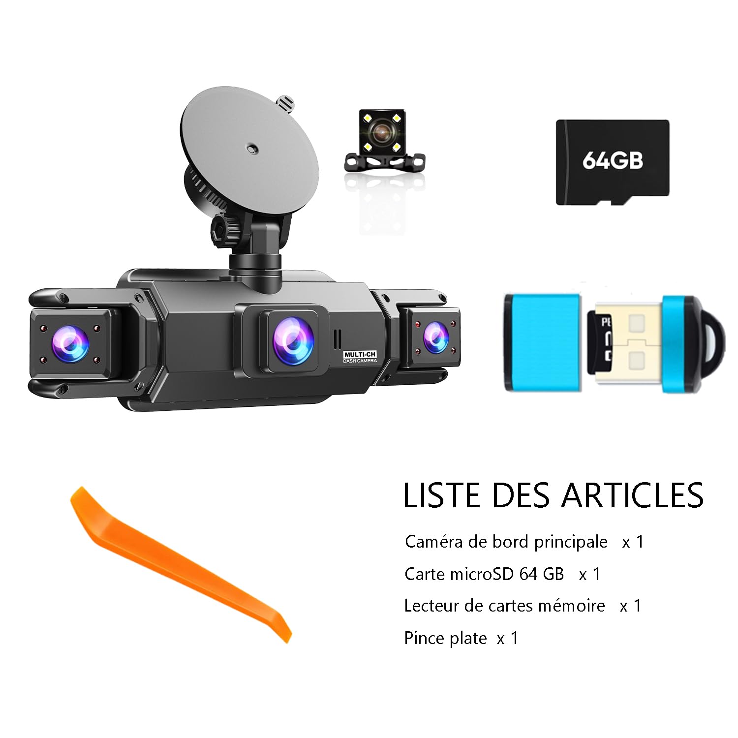 Dashcam 4 Caméras Enregistreur de Voiture - HD 1080P(Avant) 720P(Intérieur×2 & Arrière) sans WiFi 64GB Carte Mémoire, Écran IPS 3" Vision Nocturne (JLYJJS0101)