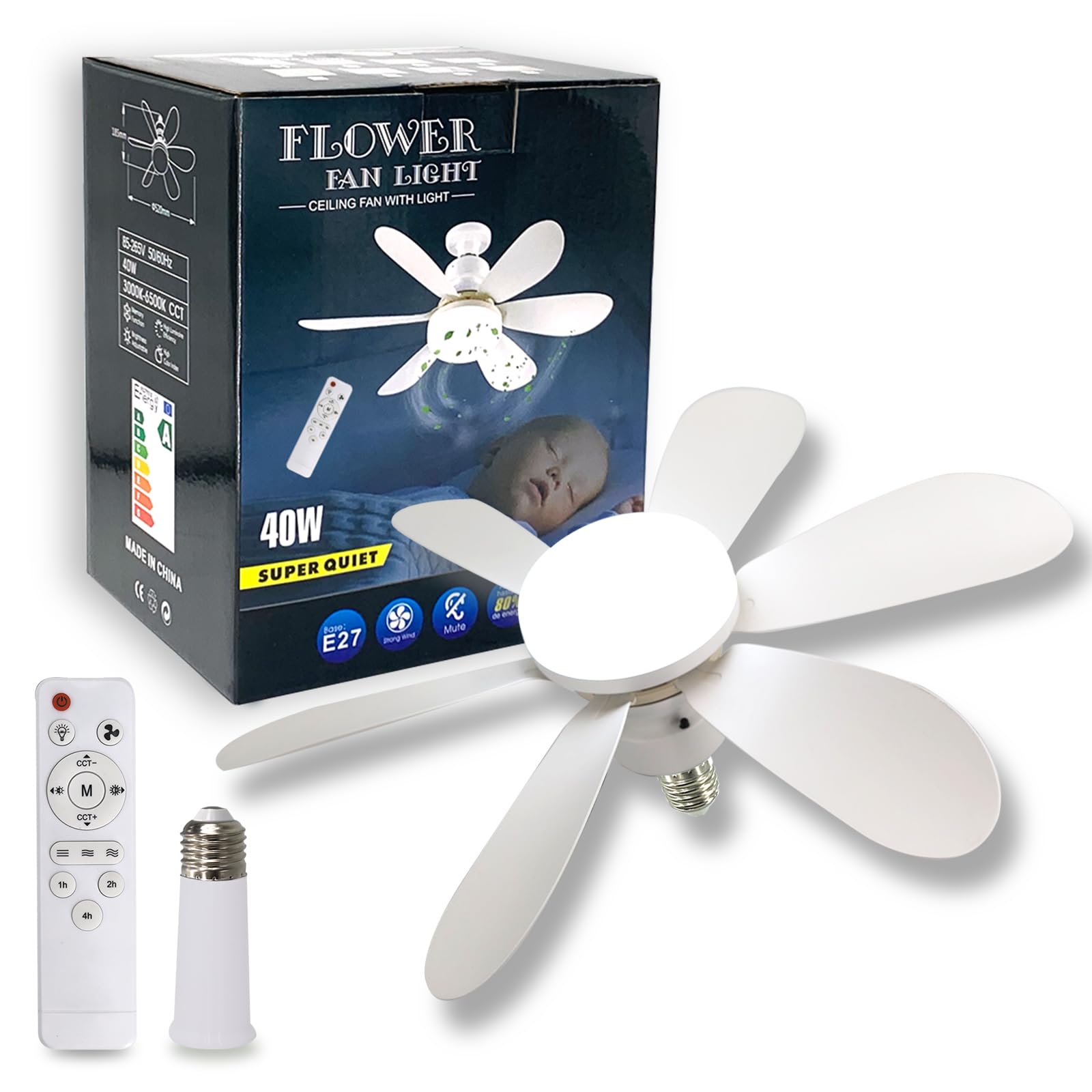 AKT LIGHTING 20" Ceiling Fan with Light Remote Control, Socket Fan Light Original with Light Replacement for Light Bulb, Ceiling Fan for Bedroom, Kitchen, Kid’s Room, 40W/3000K-6500K AS SEEN ON TV