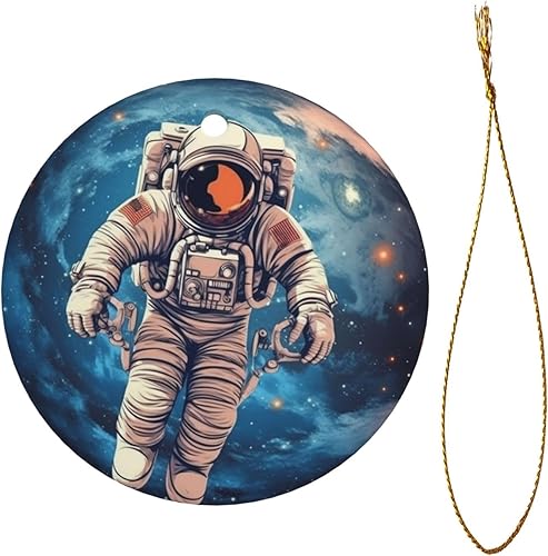 Miniatura 2 de Ceramic Christmas Double-Side Astronauta Planet Print Ornaments Personalized Round Xmas Hanging Ornament for Xmas Decor Home Office Gift