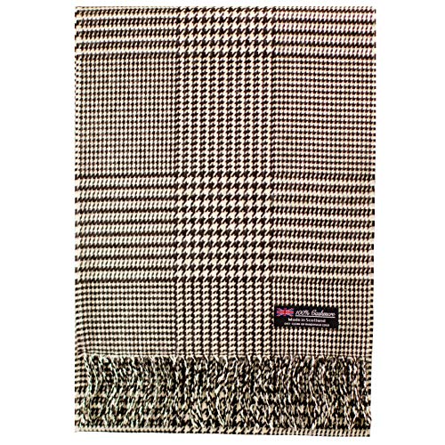 2 PLY 100% Cashmere Scarf Elegant Collection Made in Scotland Wool Solid Plaid Men Women (Z91 Brown Houndstooth Plaid)