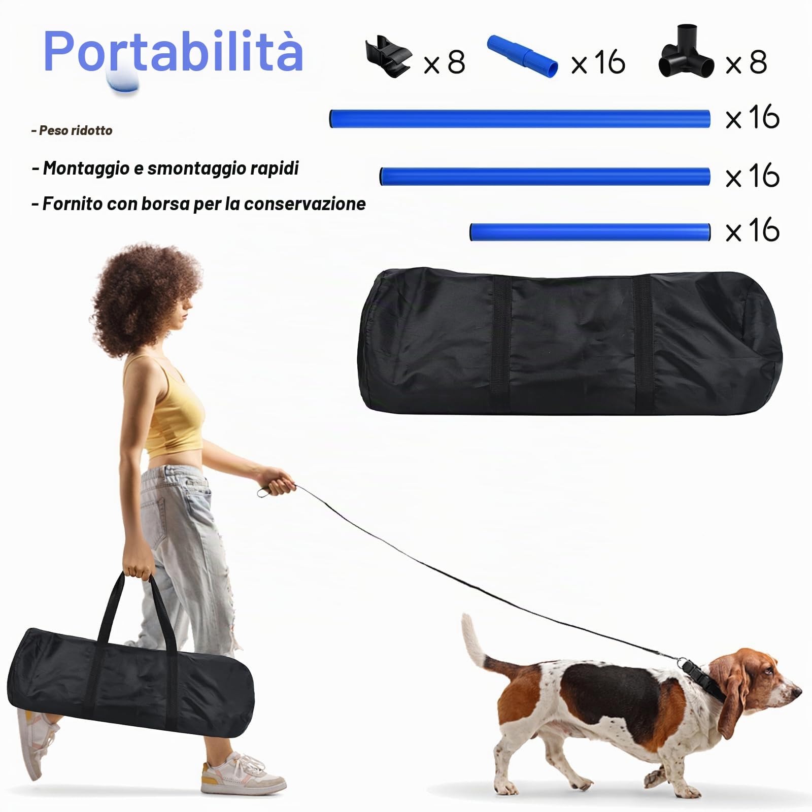 Agility - Set di 4 ostacoli per animali domestici, con borsa per il trasporto, regolabile in altezza, in plastica, blu