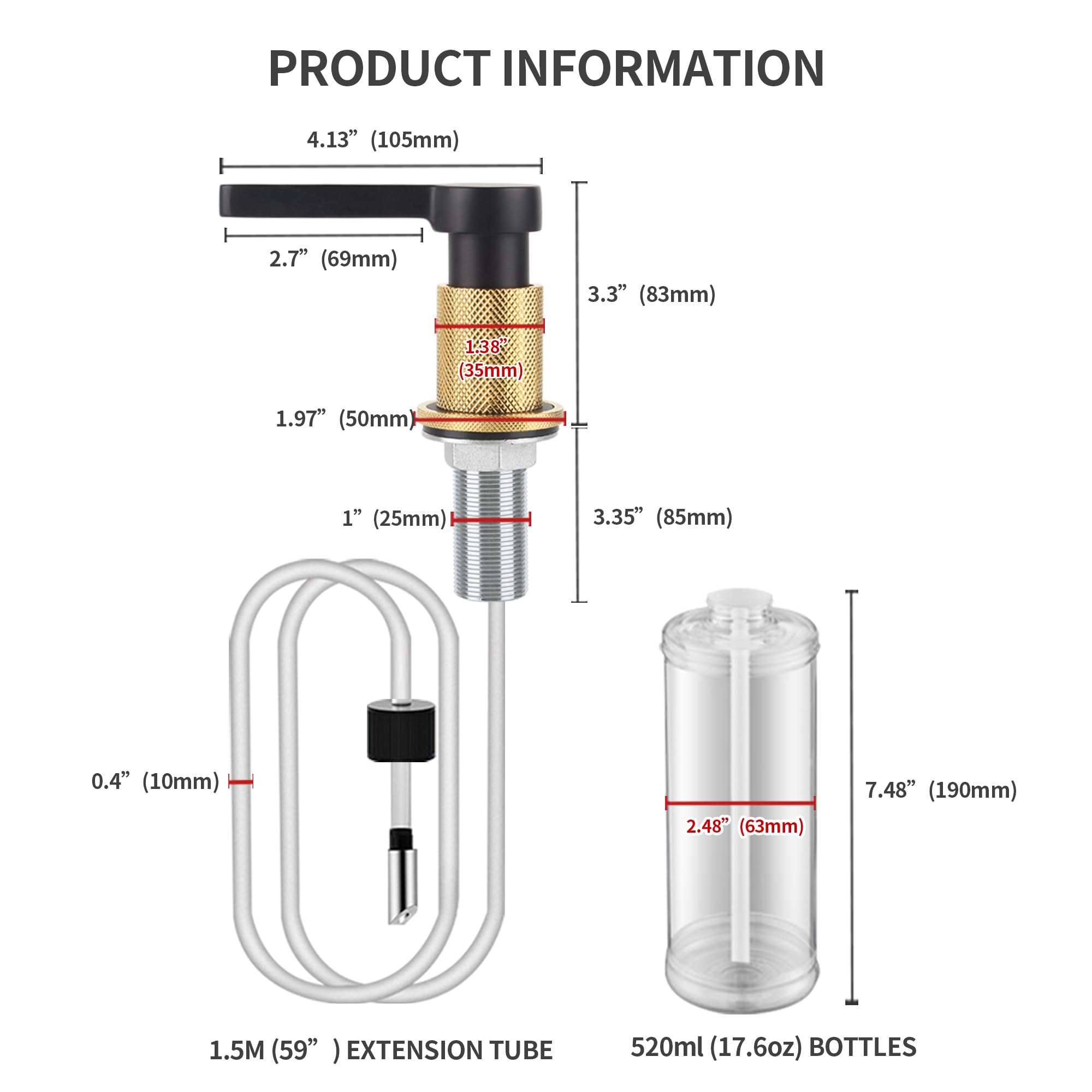 SD-80 - Dispensador de jabón de latón para fregadero de cocina, bomba de cobre, dispensador de jabón integrado con botella de 520 ml y kit de tubo de extensión de 1,5 m (negro mate)