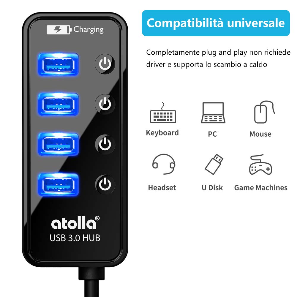 Hub USB 3.0 Alimentato, atolla Hub USB Alimentato - 4 Porta USB 3.0 SuperSpeed e Una Aipower Porte con Interruttore On/Off e Alimentatore 5V/3A per MacBook/MacBook Air/MacBook PRO