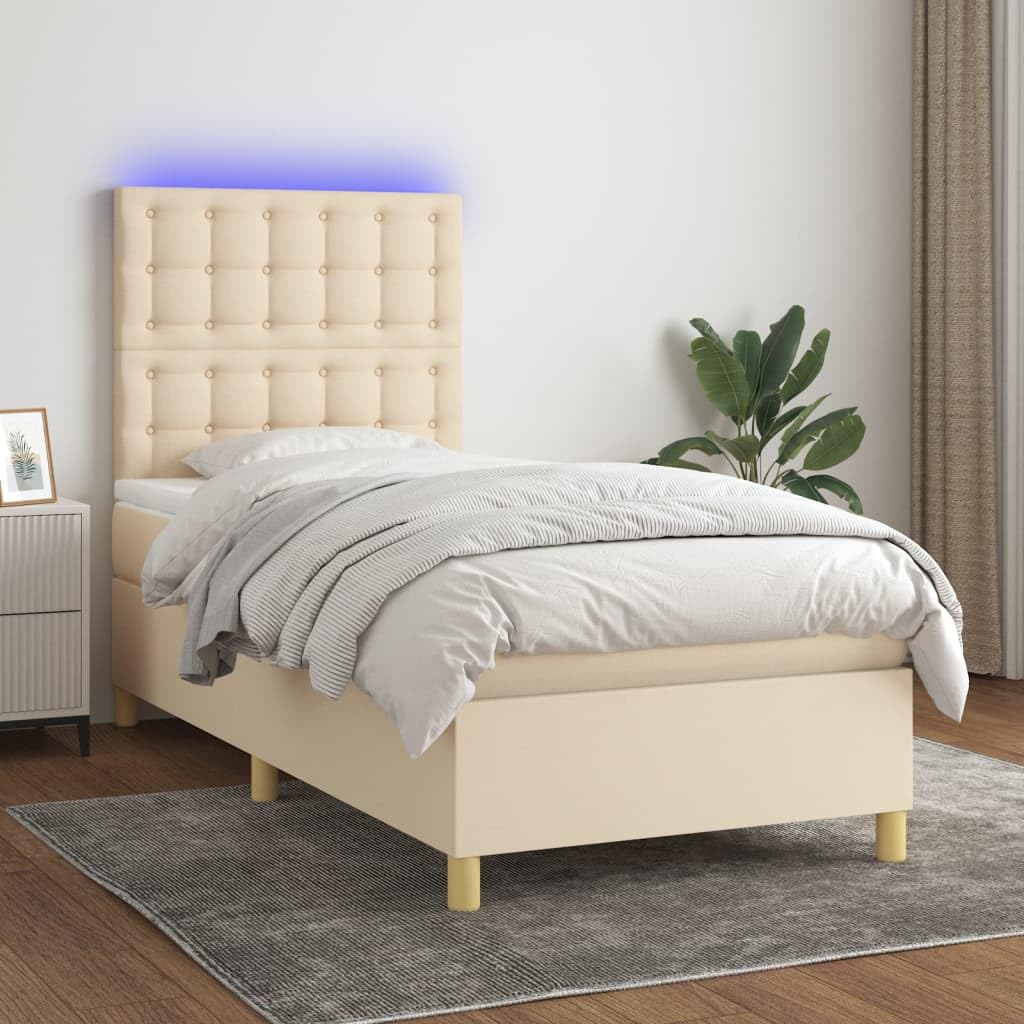 Tkanina z regulowanym zagłówkiem LED 90x190 cm kremowy | Łóżko kontynentalne z materacem 90x190 cm, kremowe, tkanina, z zagłówkiem i LED, z pojemnikiem, do sypialni, pokoju