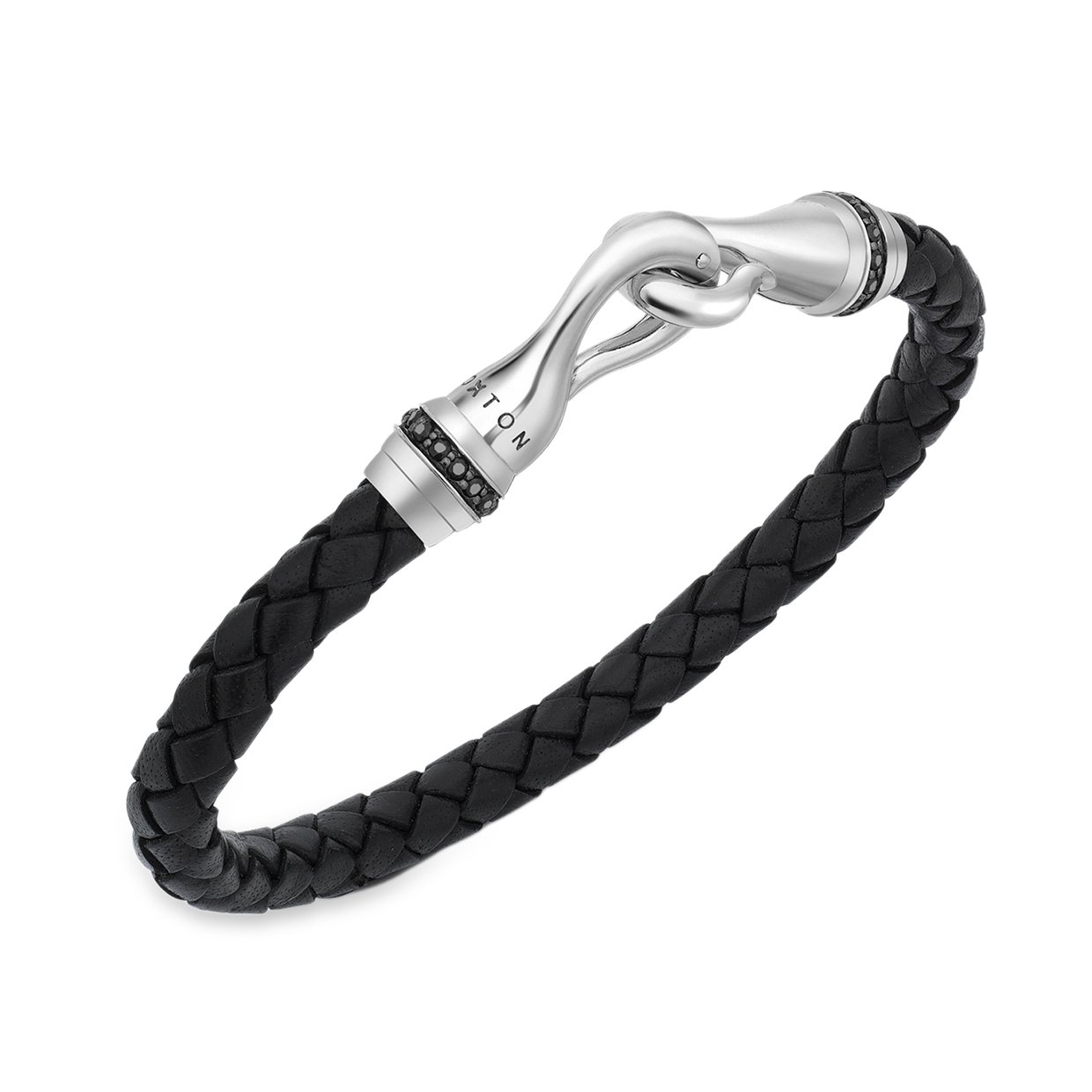 Hoxton London Men's Sterling Silver Black Sapphire Set Silver and Leather Hook Bracelet