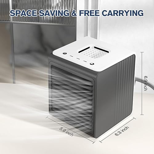 Vista 7 de Enfriador de aire portátil, mini aire acondicionado con alimentación USB, oscilación manual de 90, tanque de agua de 0.07 galones, 3 velocidades