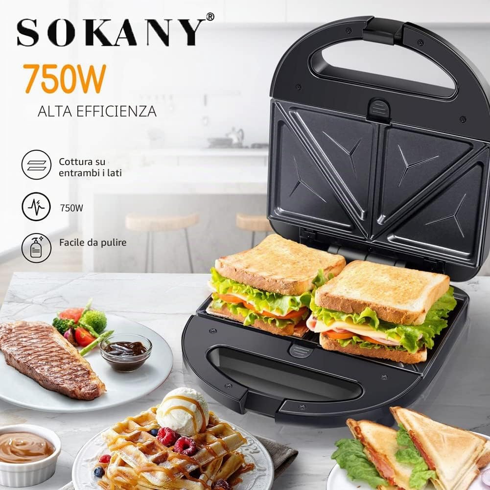 SOKANY Dispositivo multifunzione 6in1 750 W, piastre antiaderenti, cottura su entrambi i lati, regolazione automatica della temperatura