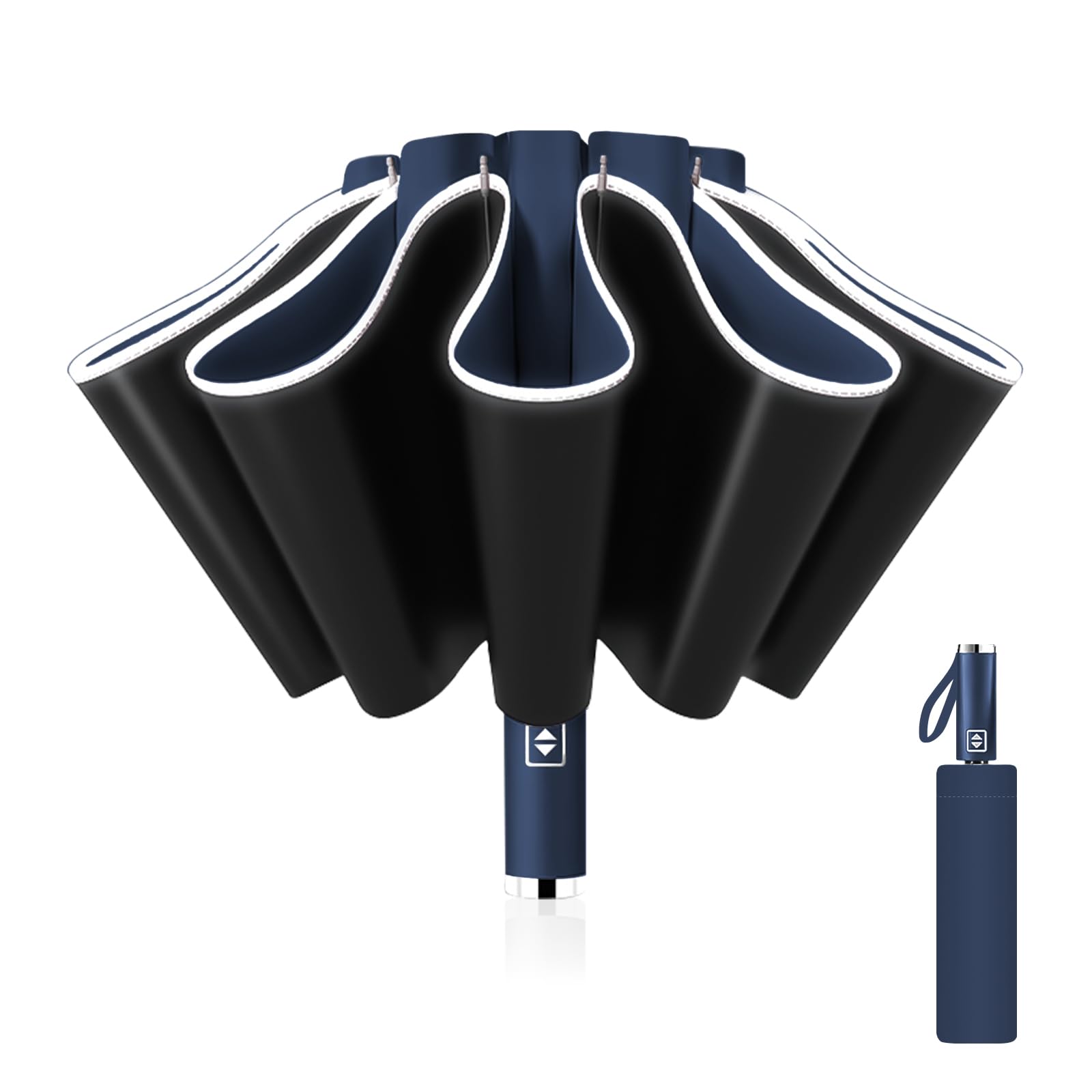 Pioggistar Automatic Reverse Umbrella, Windproof Folding Umbrella, Large Rain Umbrella, 10 Reinforced Ribs for Men and Women, Diameter 105 cm, dark blue, 105 cm