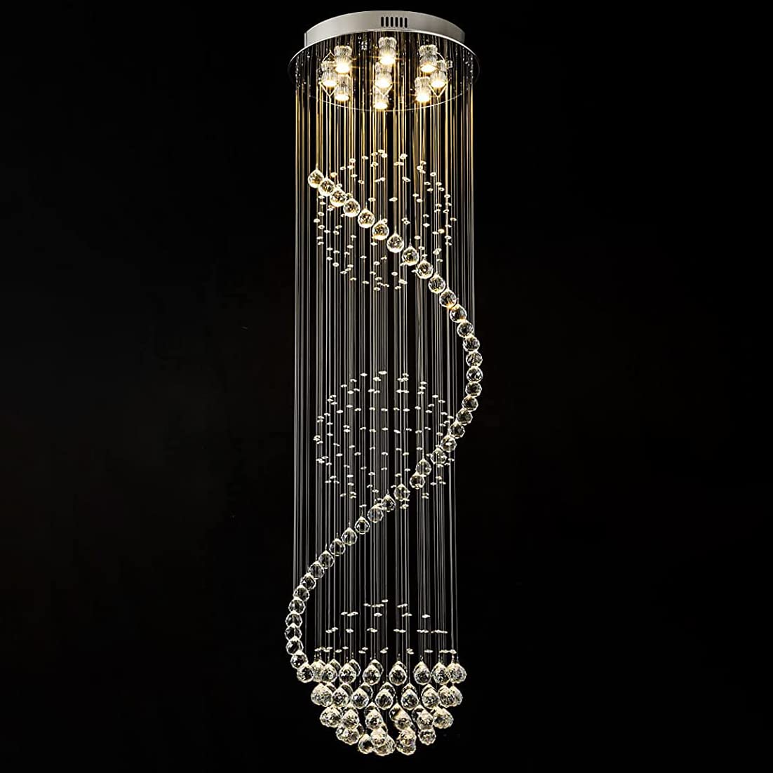 9-Light Spiral Crystal Chandelier Flush Mount Crystal Raindrop Ceiling Lighting Fixture Chrome Pendant Light for Foyer Stairway Deco Lighting