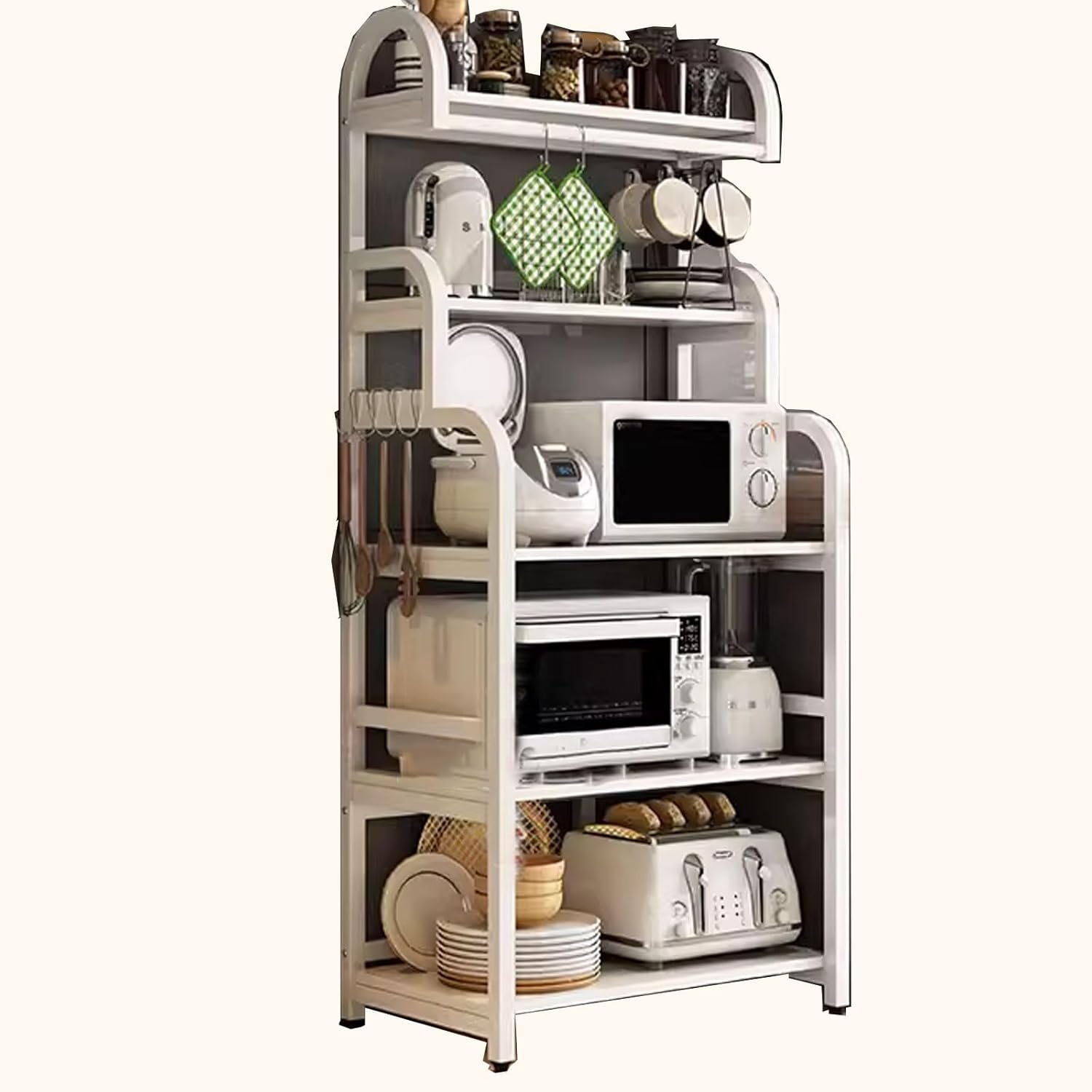 Freestanding Multi-Layer Kitchen Floor Cupboard，Microwave Storage Stand,Microwave Stand with Storage Cabinet Made of Iron Frame and Wooden Boards Bakers Rack Kitchen Cupboard with Casters Ki