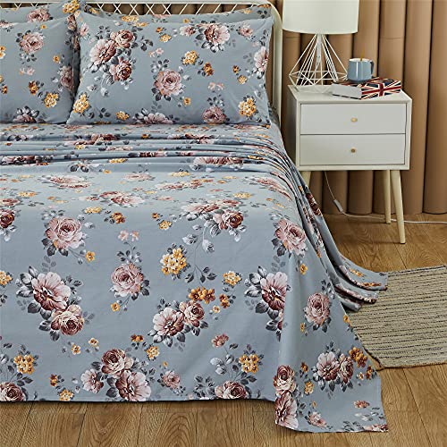Fadfay 100% Brushed Cotton Sheets Set Twin Xl Shabby Grey Floral Bedding Elegant Peony Flower Farmhouse Bedding Ultra Soft Vintage Rose Sheet Set With Deep Pocket Fitted Sheet 4-Pieces, Twin Xl Size #TOP2