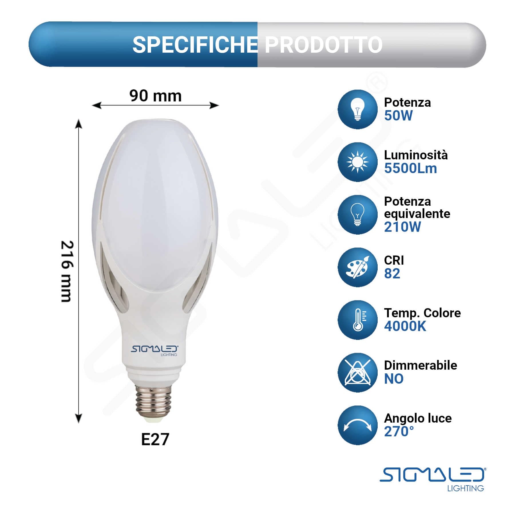 Sigmaled lighting, LAMPADA LED E27 50W (equivalente a 350W), Luce bianca NATURALE 4000K, 5500 lumen, Attacco grande E27, Lampadina LED ED90, 90x216mm