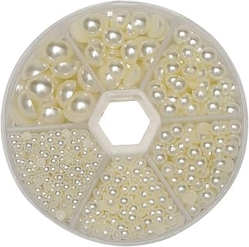1 Box 1170pcs Beige Mix Sizes Round 3/4/5/6/8/10mm Flat Back Beads Half Pearl Scrapbooking Bead for Wedding Ornament Beige
