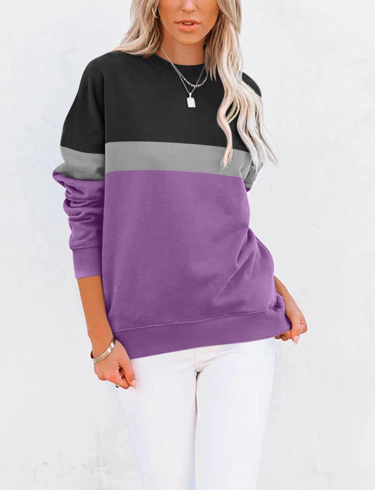 TICTICMIMI Damskie casualowe bluzy z długim rękawem kolorowe bloki/jednolite topy bluzy z okrągłym dekoltem uroczy luźny krój sweter z kieszeniami