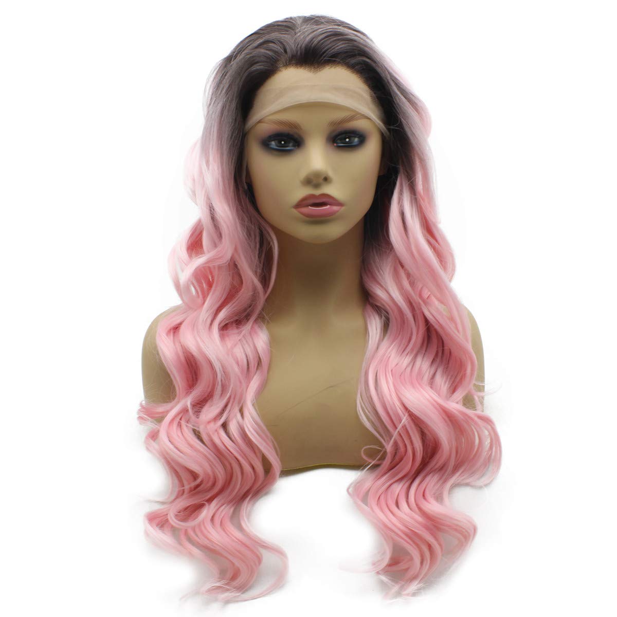 Iewig Long Wavy Dark Roots Pink Heat Friendly Synthetic Lace Front Wig
