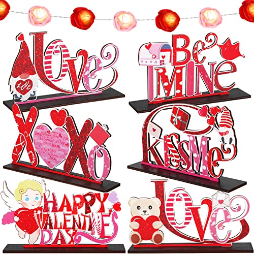 Jetec 7 Pieces Valentine‘s Day Table Decorations Set Wooden Heart Table Centerpiece Love Wood Sign with LED Rose Lamp String Light Valentine Decorations for Home Anniversary Wedding Party Decors