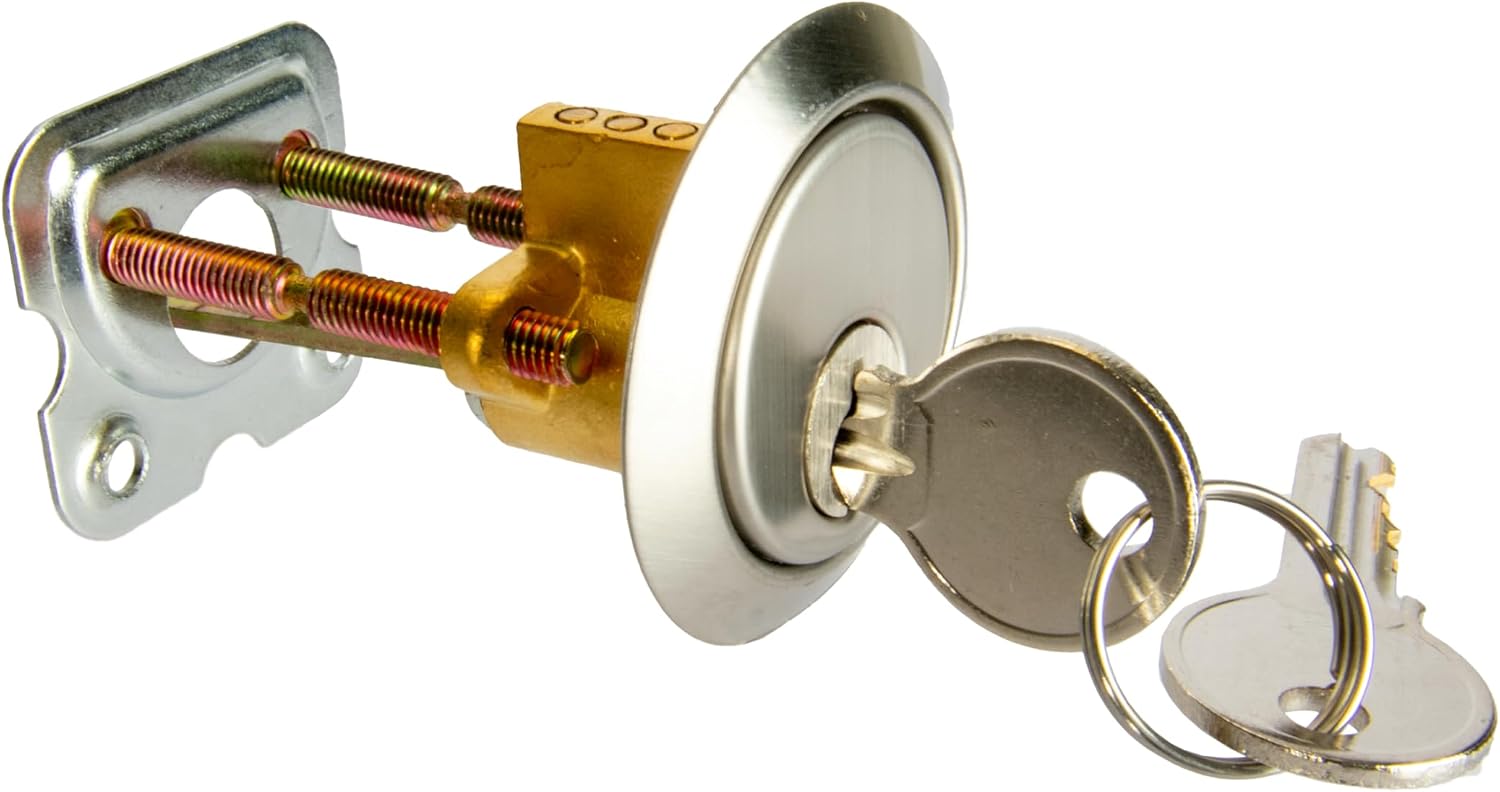Rim Cylinder, Solid Brass with Nickel Plated End Cap, 5 Pin ANSI Cylinder, Yale Equivalent Keyway, Keyed Alike, Includes Two Keys, Mounting Bracket & Collar for Outside Key Control - KA 5