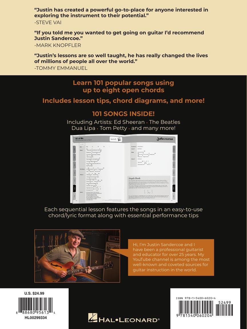 JustinGuitar Easy Guitar Songbook 101 Songs with Up to 8 Open Chords | Beginner Guitar Sheet Music and Chord Diagrams | Learn to Play Popular Songs with Easy Chords | Hal Leonard Guitar Method