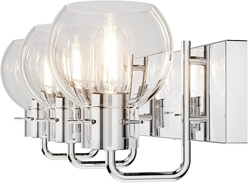 Miniatura 8 de Tipace Moderna iluminación de tocador de baño, 3 luces, de acero inoxidable industrial, acabado cromado con globo de vidrio transparente,