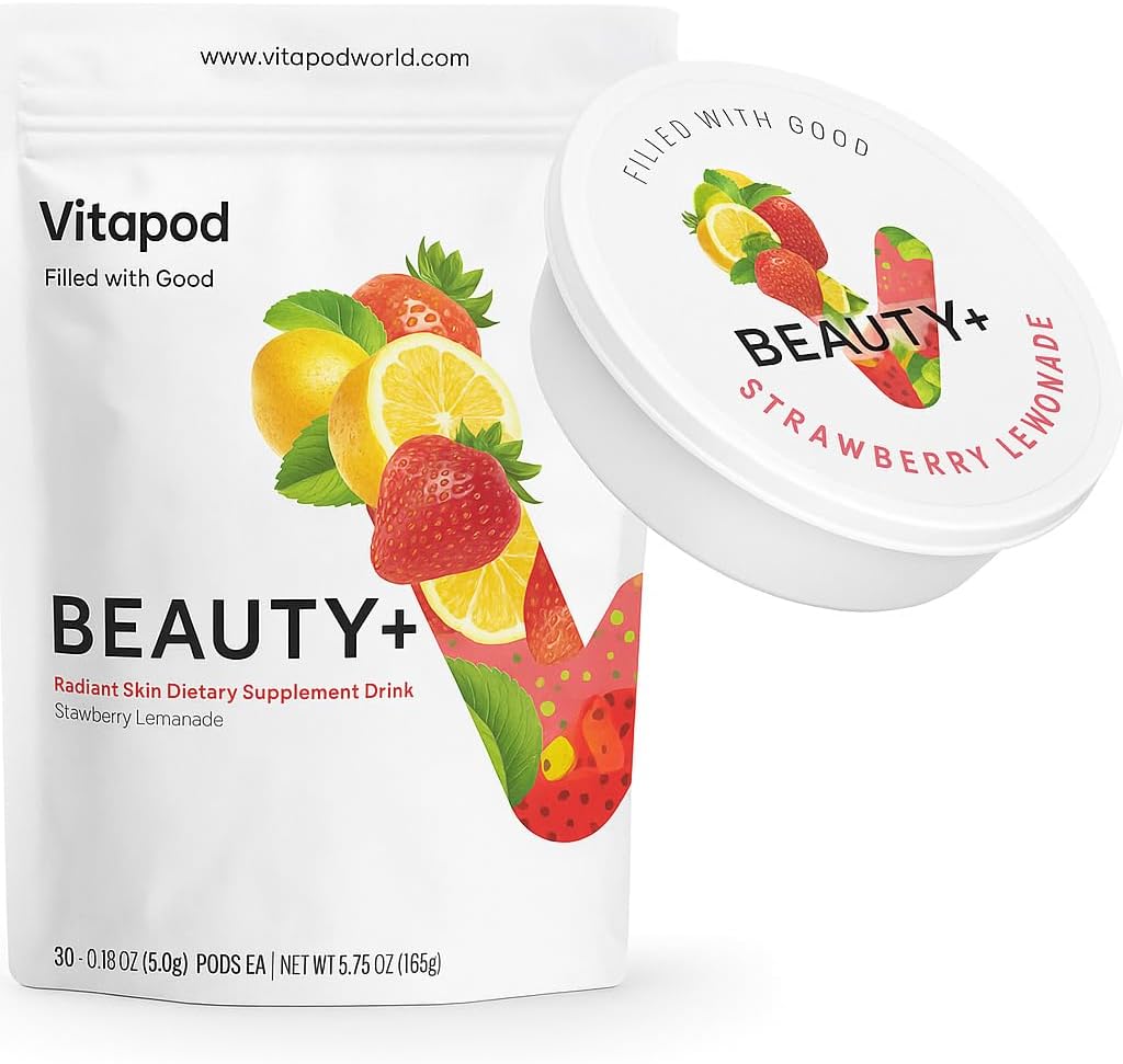 Vitapod Beauty+ Strawberry Lemonade Collagen Powder Mix for Hair, Skin and Nails - 30 Pods - Electrolytes, Antioxidants, Vitamin C, A, D, E - Water Enhancer