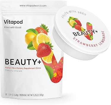 Vitapod Beauty+ Strawberry Lemonade Collagen Powder Mix for Hair, Skin and Nails - 30 Pods - Electrolytes, Antioxidants, Vitamin C, A, D, E - Water Enhancer