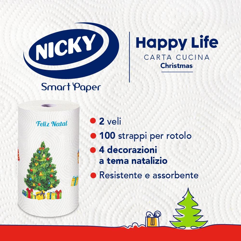 Nicky Happy Life Christmas - Carta Cucina Natalizia, 24 Rotoli Asciugatutto da 100 Strappi, Carta a 2 Veli, Apertura Facilitata, 4 decori natalizi diversi, Resistente ed Assorbente, Carta FSC