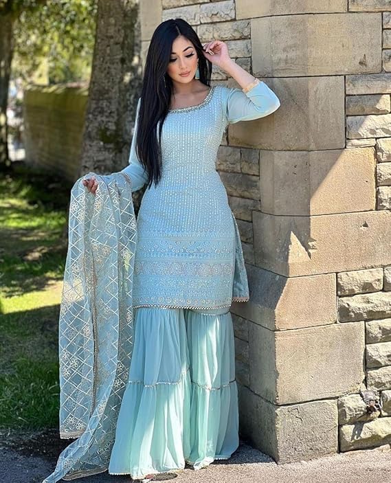 Image of Women's Designer Chinon Silk Sharara Suit Set, Sequence Embroidery Kurti with Tiered Sharara and Dupatta