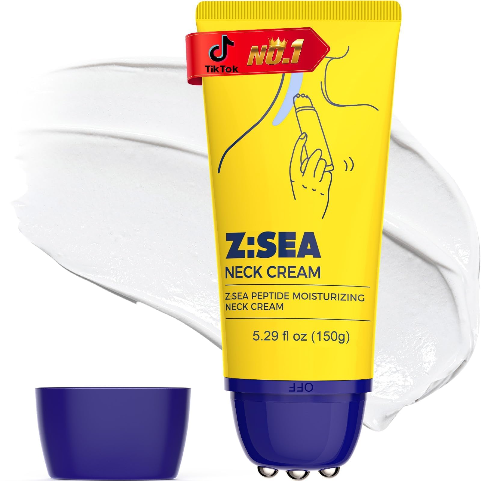 Z:SEA Neck Firming Cream with Roller, Anti-Aging, Smooths Neck Wrinkles, Improves Crepey Skin, Lifts & Firms Neck Skin, Tightening & Hydrating, Collagen, Multi Peptide, Hyaluronic Acid, (5.29 FL OZ)