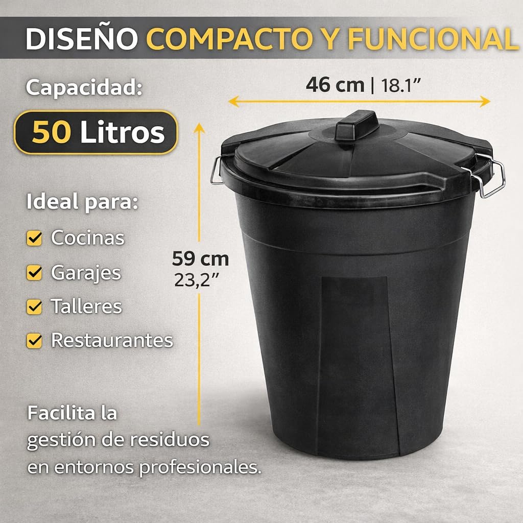 Cubo de Basura Industrial con Tapa – Contenedor Profesional Negro de 50L o 100L – Polipropileno Reciclado Resistente – Asas Metálicas Galvanizadas – para Hostelería, Cocina, Industria (50 litros)