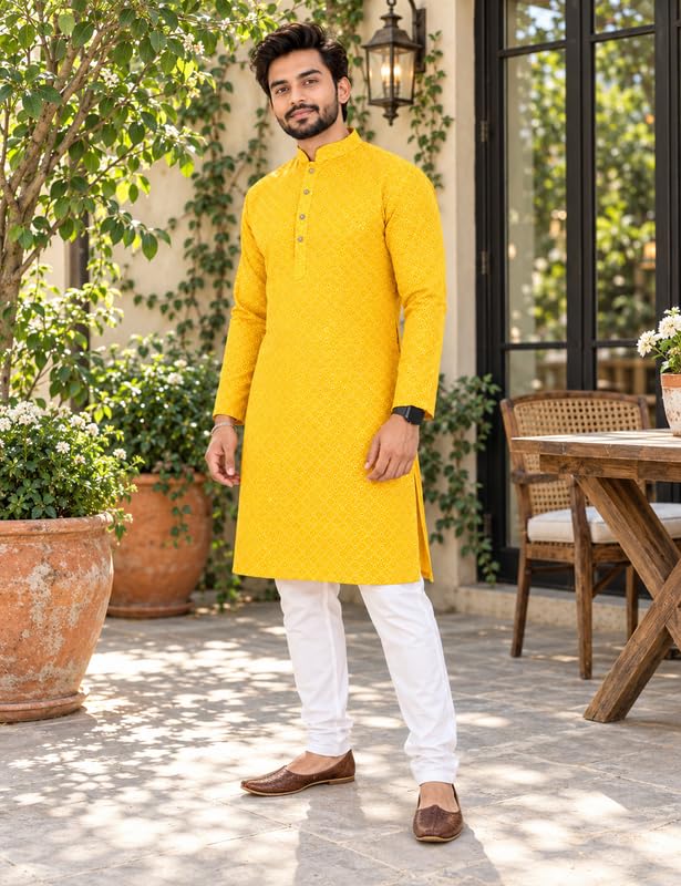 Image of Men's Lakhnawi Chikankari Kurta Set Cotton Ethnic Kurta Pajama for Men Wedding Festive Designer Indian Outfit Stylish Embroidered Kurta Set