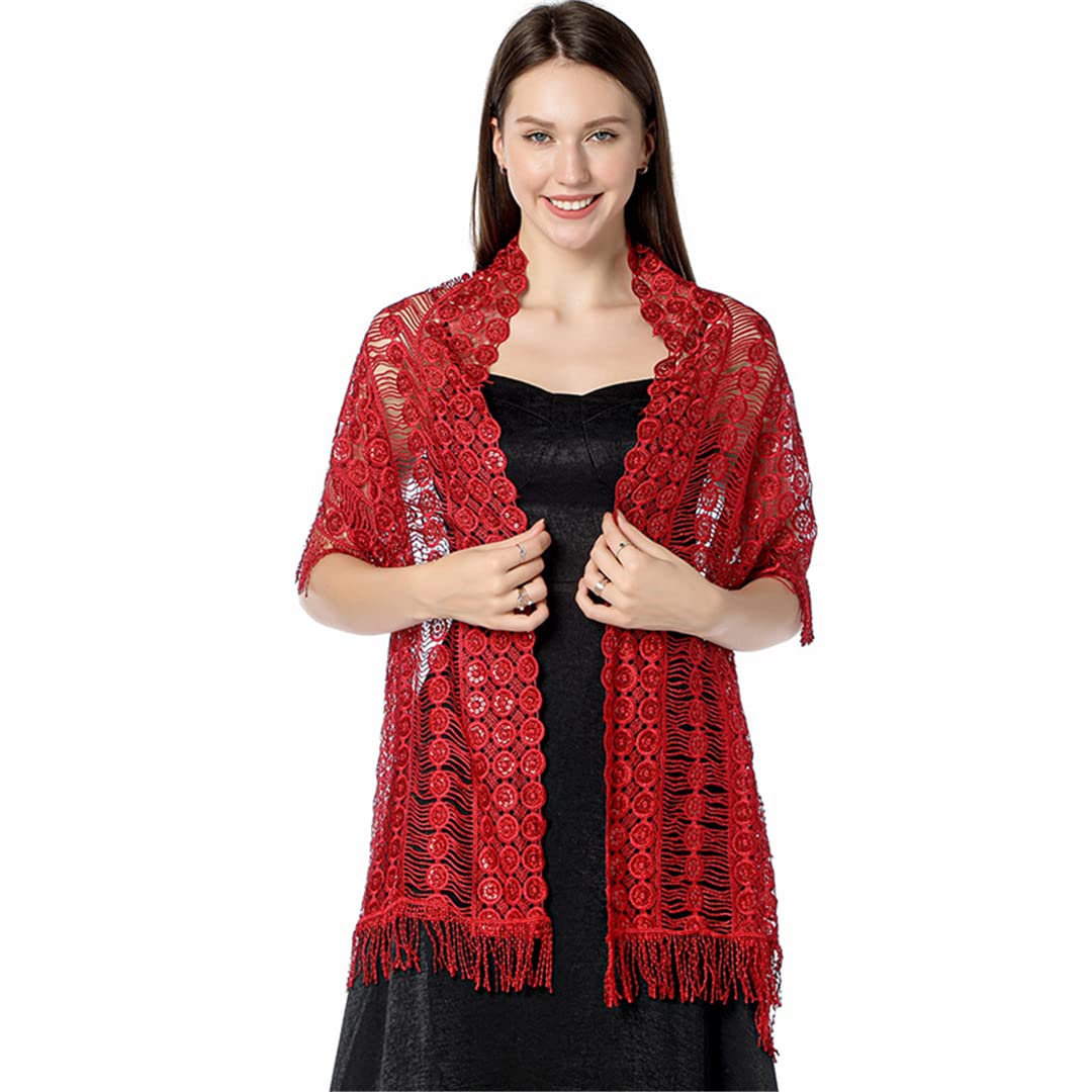 Sciarpa in pizzo e rete, Scialle da sera con nappa donna ricamo paillettes multicolore