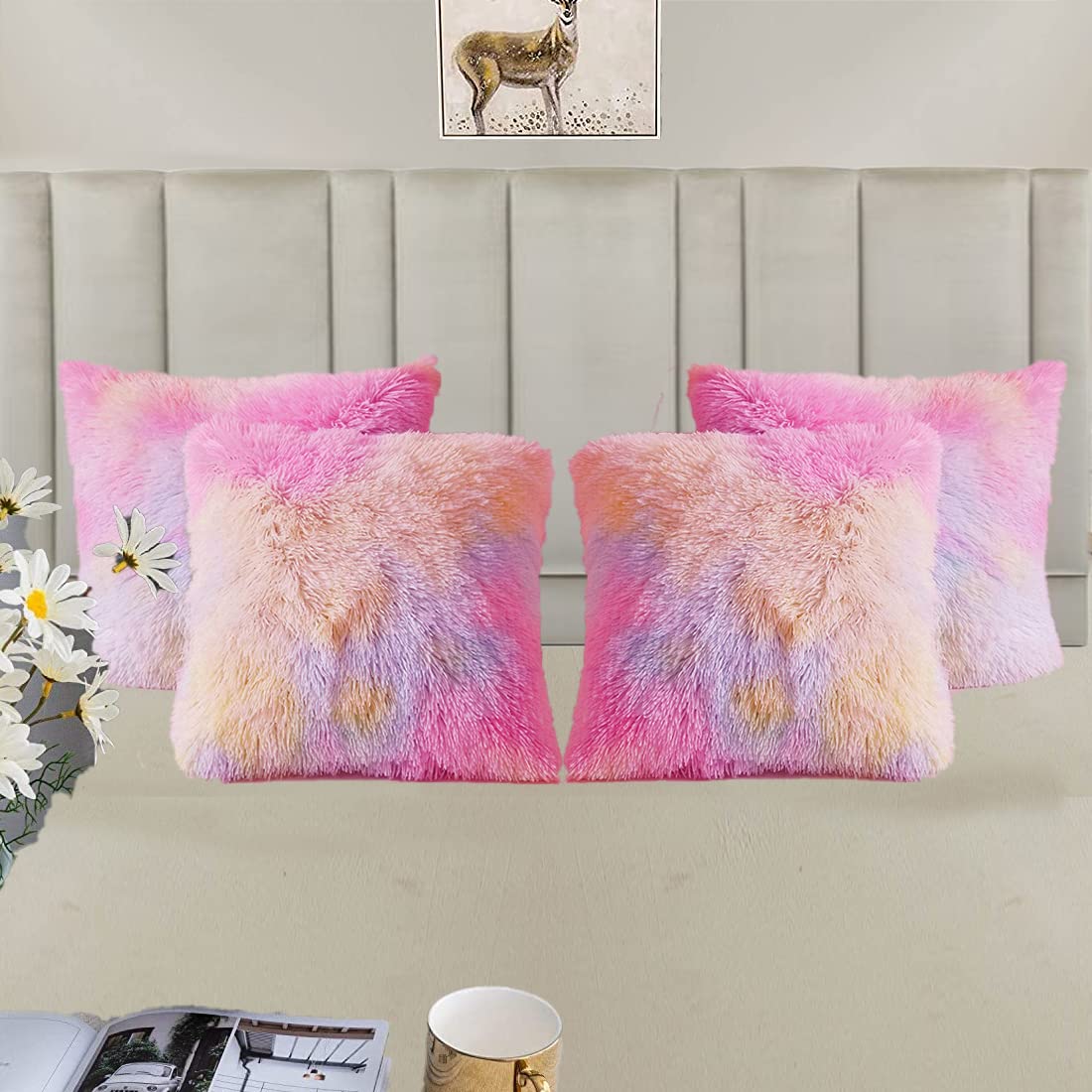 PICKKART Faux Fur Throw Pillow Covers-16" x 16",Set of 4 - Soft Cushion Cases - Fuzzy Fluffy Cozy for Sofa Bed Decor Couch Bedroom Without Insert. 16x 16 Inches/ 40 x 40 cm(Multi)