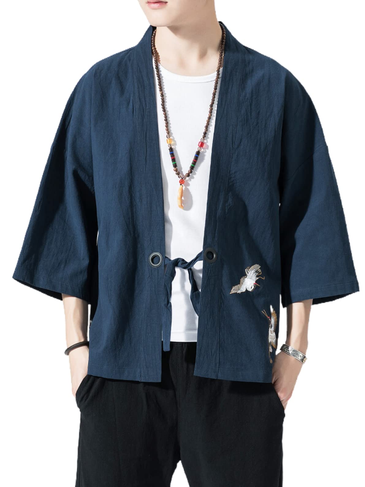 Men's Japanese Kimono Cardigan Loose Cotton Linen 3/4 Sleeve Open Front Casual Summer Shirt Jackets