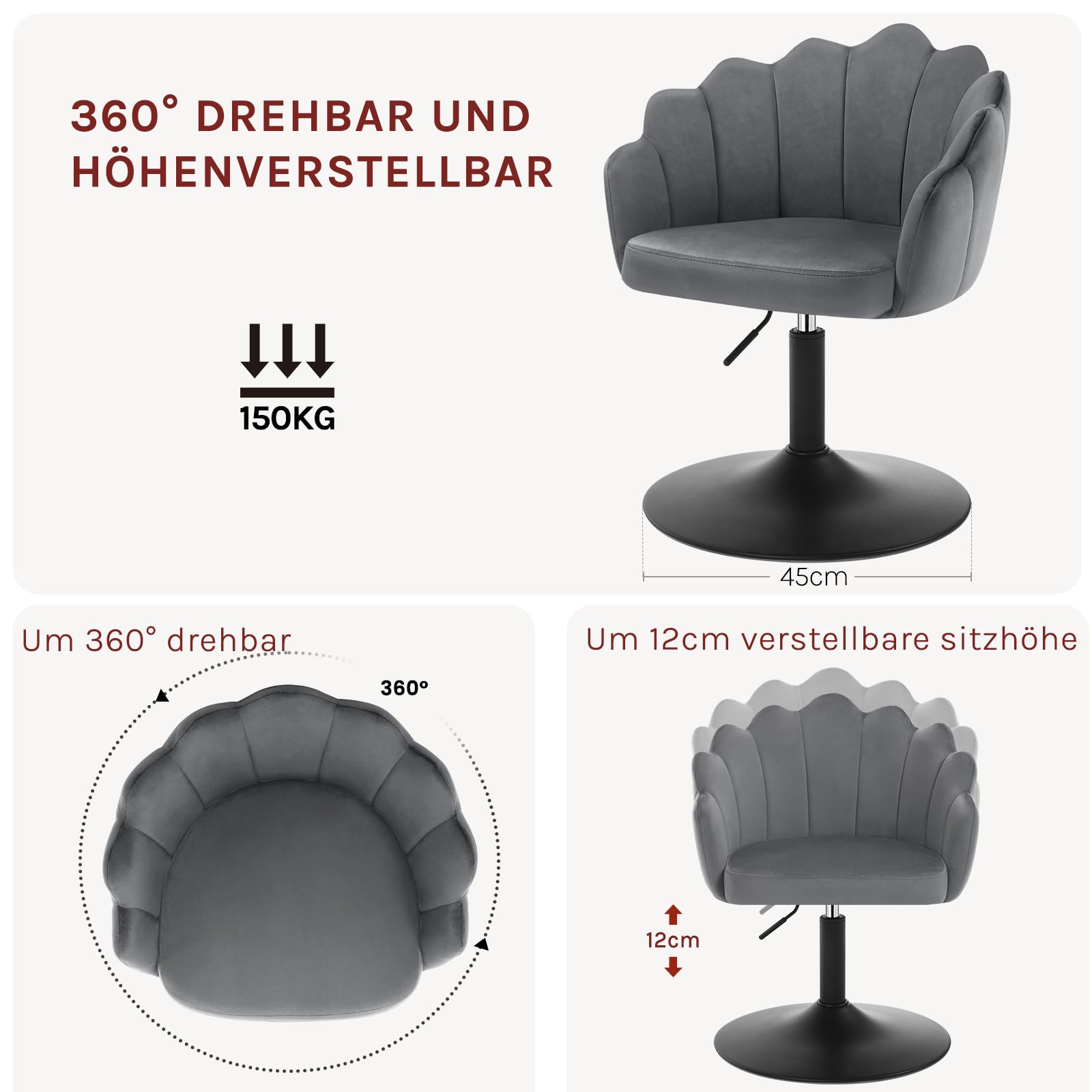 WOLTU Schminktisch Stuhl, Sitzhocker mit Lehne, Schminkstuhl Blumenform, Hocker höhenverstellbar drehbar, Drehhocker Samt, Metall, Dunkelgrau