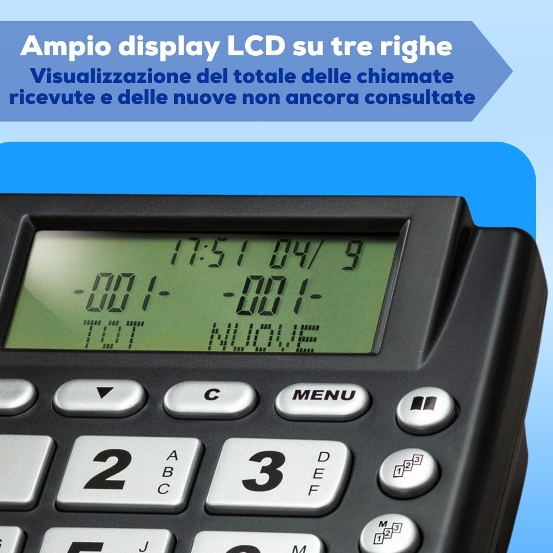Telefono Fisso Casa e Ufficio con Vivavoce, Ampio Display LCD Multifunzione e Tasti Grandi, Facile da Usare – Rubrica fino a 125 Contatti, Chiamata Diretta, Sveglia e Volume Regolabile – SAIET MAXI