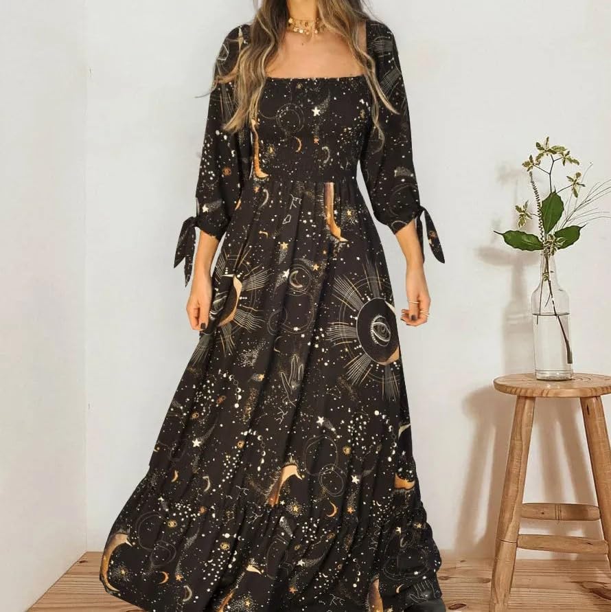 Womens Boho Maxi Dress 3/4 Long Sleeve Casual Sundresses Celestial Print Flowy Summer Fall Beach Dresses for Women2
