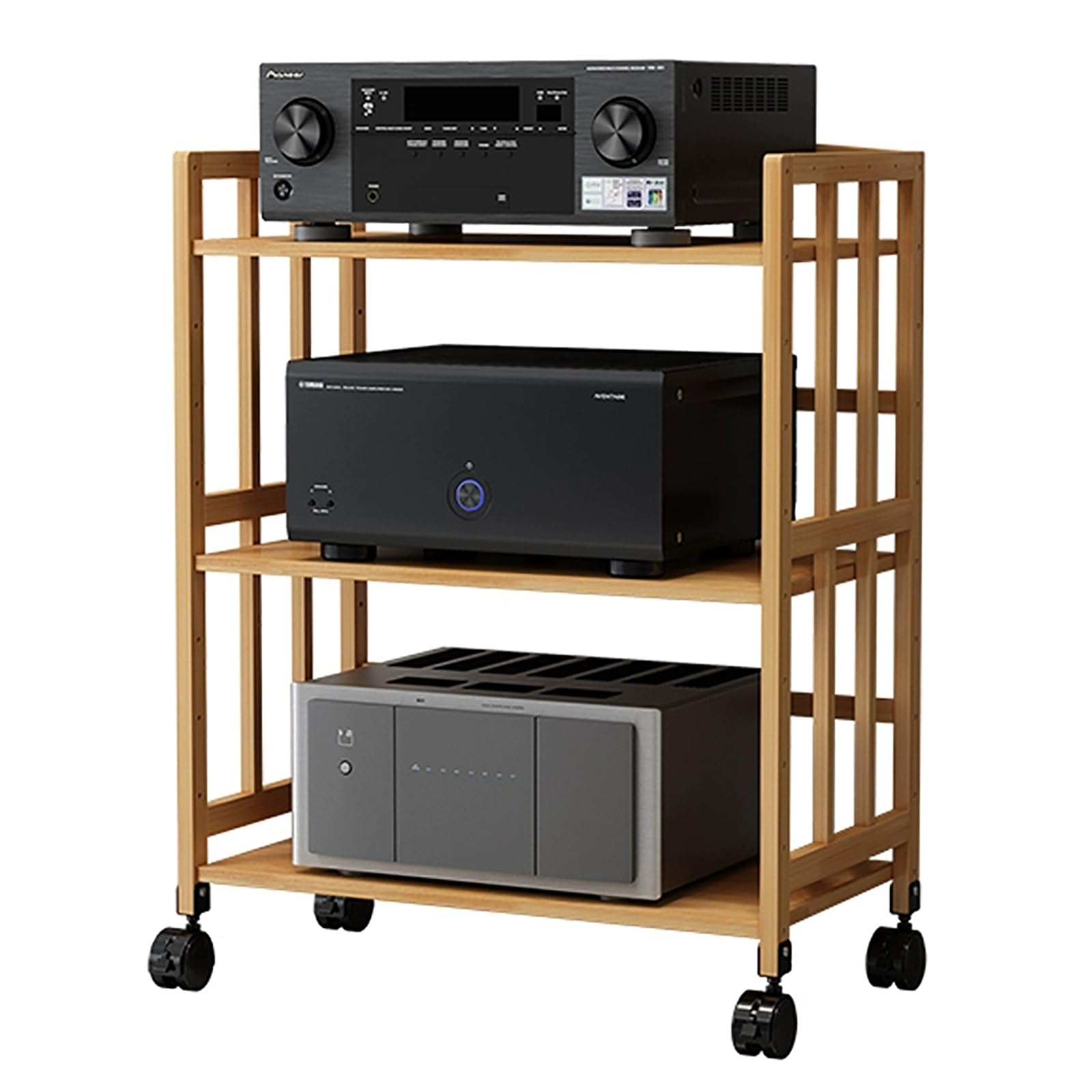 Stojak HiFi Bambusowa szafka na media z regulowaną półką i kółkami do odtwarzaczy DVD, dekoderów kablowych i konsol do gier, mobilny stojak stereo (naturalny, 50 x 38 x 89 cm)
