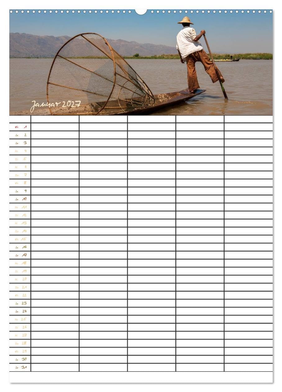 CALVENDO - Goldenes Myanmar - Familienkalender 2027 (Wandkalender 2027 DIN A2 hoch), Monatskalender: Myanmar – das Land der Pagoden, Klöster, Mönche und Buddhas. Dieser Familienplaner bietet Ihnen 5 S