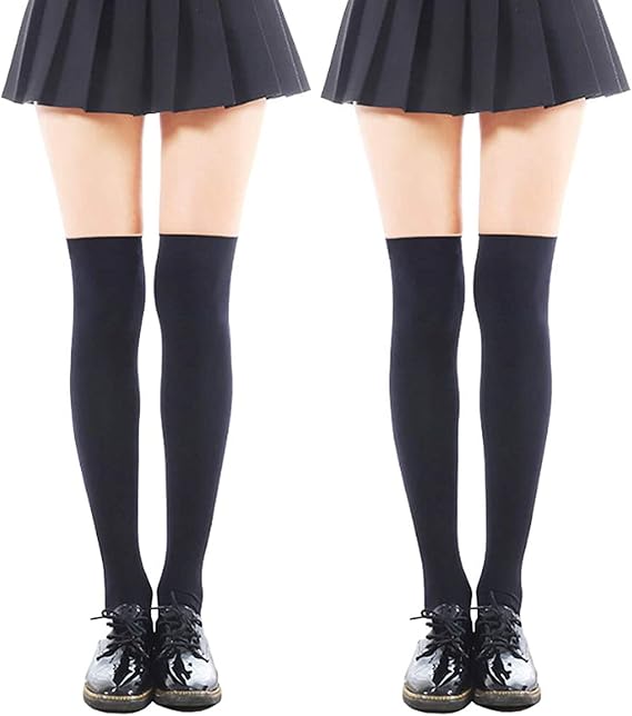 Amazon Lolita House ニーハイソックス ２足組 レディーズ オーバーニーソックス 着圧 Cosplayや制服用 黒いロングソックス 長さ55cm丈 ブラック 靴下 通販