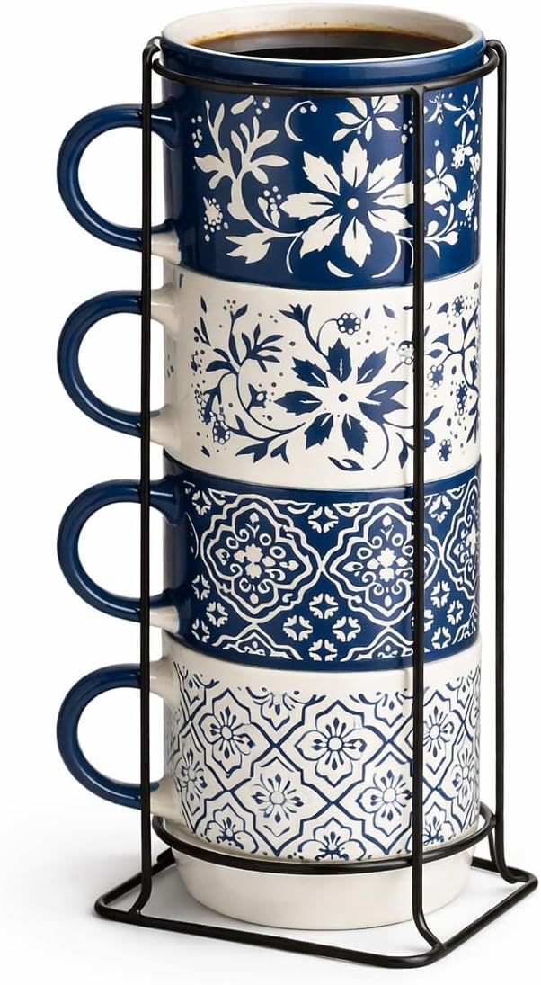 Ceramic Stackable Cups Set of 4 Kitchen Coffee & Tea Mugs with Rack Stand | Microwave & Dishwasher Safe | Space-Saving, Food-Grade Ceramic | Ideal for Home, Office & Gifting