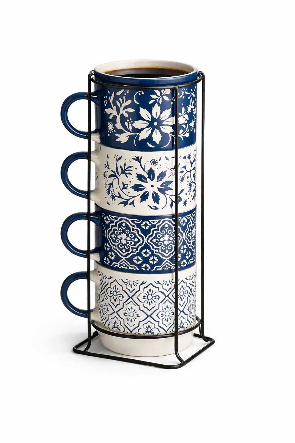 Ceramic Stackable Cups Set of 4 Kitchen Coffee & Tea Mugs with Rack Stand | Microwave & Dishwasher Safe | Space-Saving, Food-Grade Ceramic | Ideal for Home, Office & Gifting