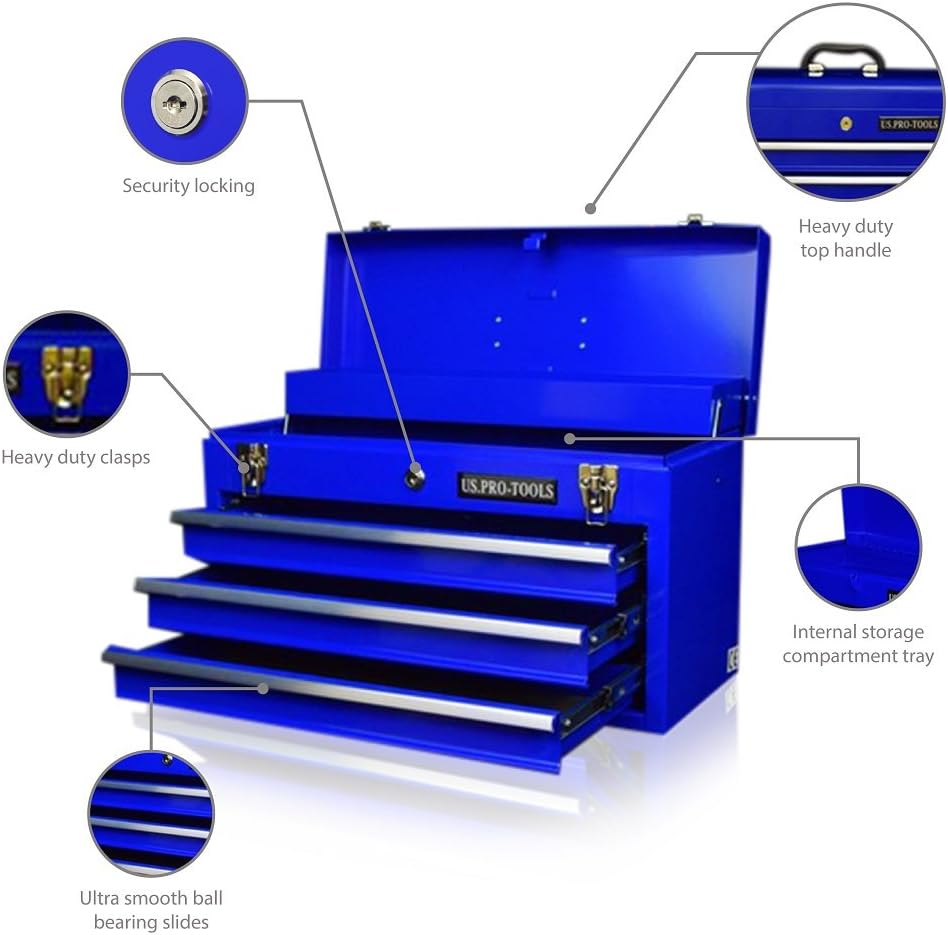 US PRO TOOLS 3 DRAWER TOOL CHEST PORTABLE TOOL CABINET BLUE TOOL BOX