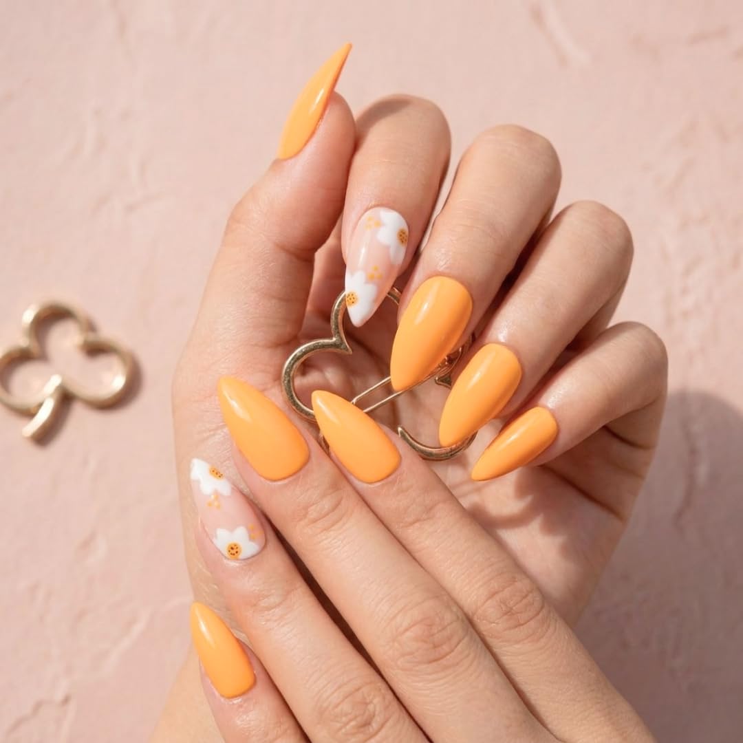NailKnack® Premium Fake Press-On Nails-Pretty Orange Fall Flower Set of 20 Reusable, Full Coverage, Easy To Use, UV Gel Nail Polish Coated, Affordable & Time-Saving-Artificial Stick-On Nail Set-Quick Fix for Every Occasions-Both Hand Nail Extension-image-40