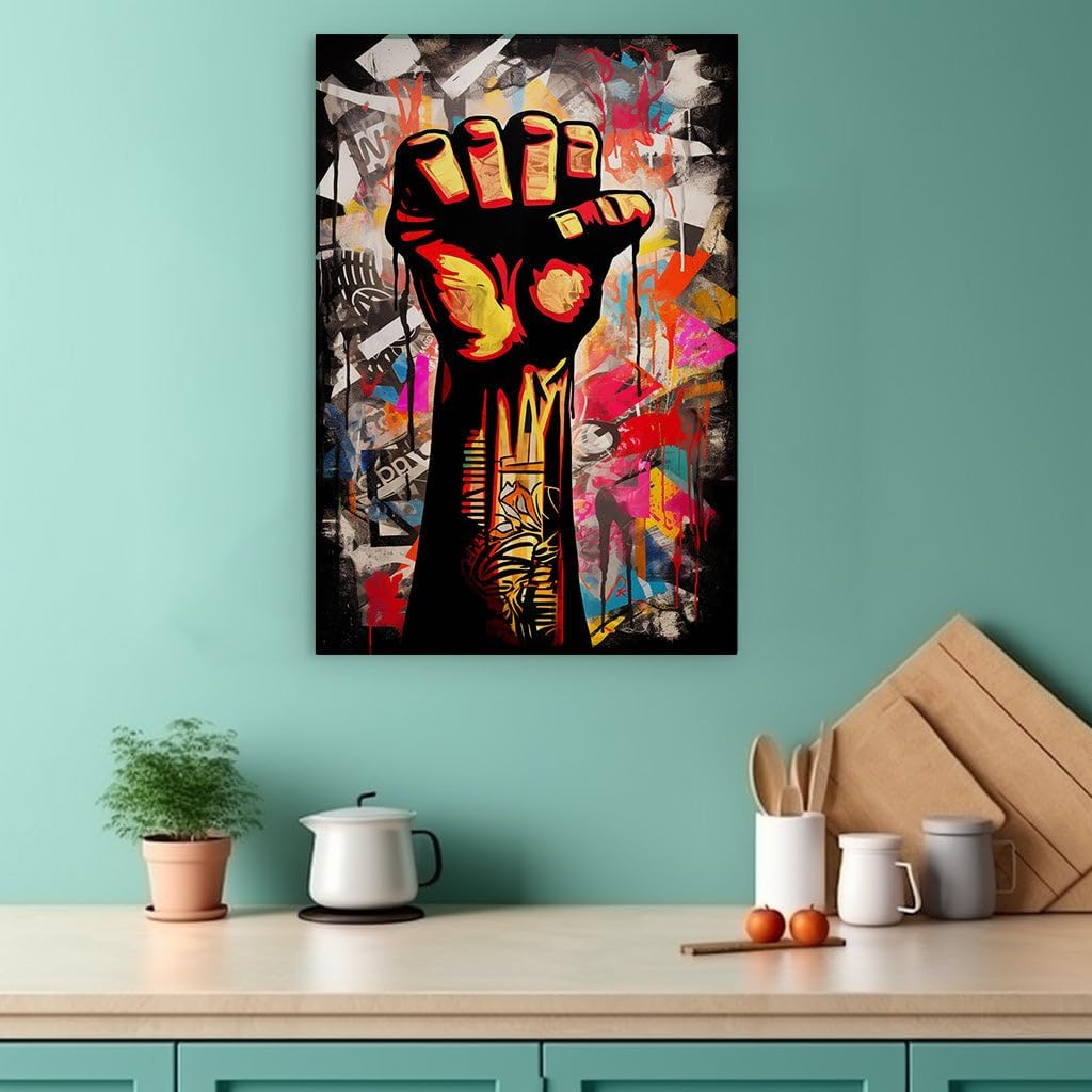 Canvas for Living room. Raising Resilience: A Vivid Display of Abstract Artistry and Rebel Symbols, 27 x 18 inch Canvas Wall Art - Contemporary Masterpieces - Modern Home Decor - 69x46 cm (27x18 inch)