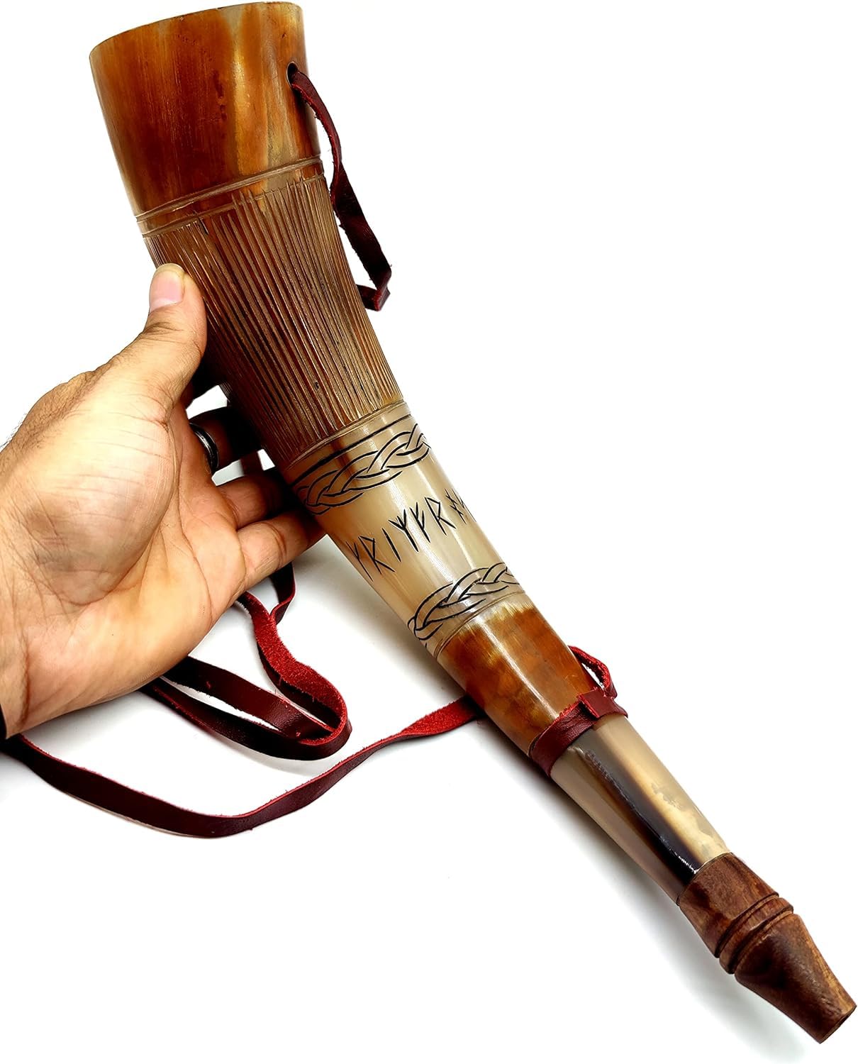 Wikinger-Kriegshorn – 40,6 cm echte Ochsenhorn-Kampftrompete – Premium handgraviertes Blashorn, Wikingerhorn, nordisches Rind, antikes Horn, Bugle, Jagdwerkzeug, Kampfhorn