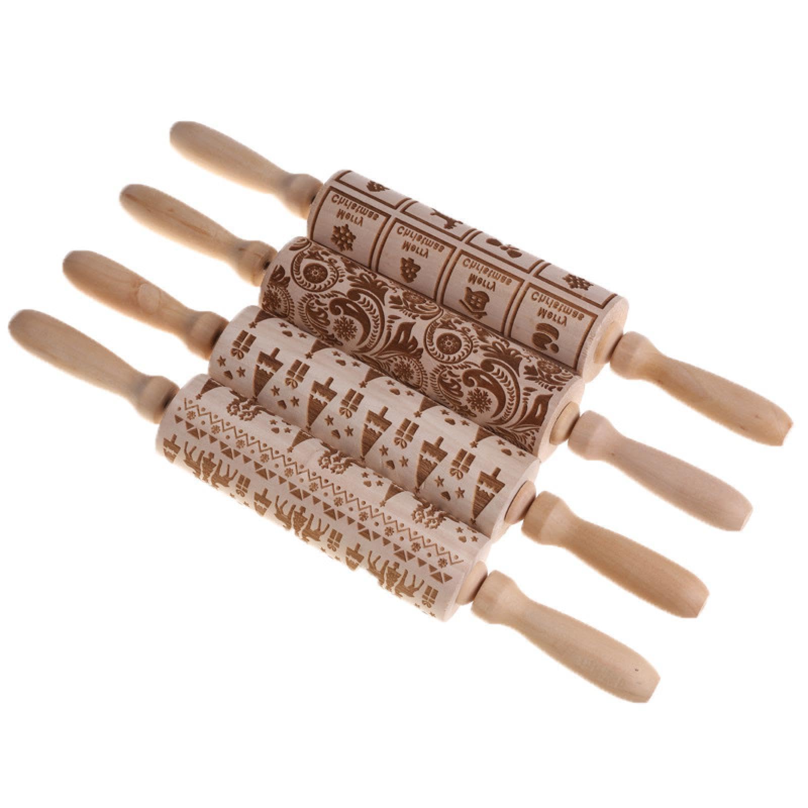 Rodillo para repujar， Rodillo de amasar 3D con diseño de flores/animales Rodillo de amasar de madera grabado for Navidad Hecho en casa(Model6)